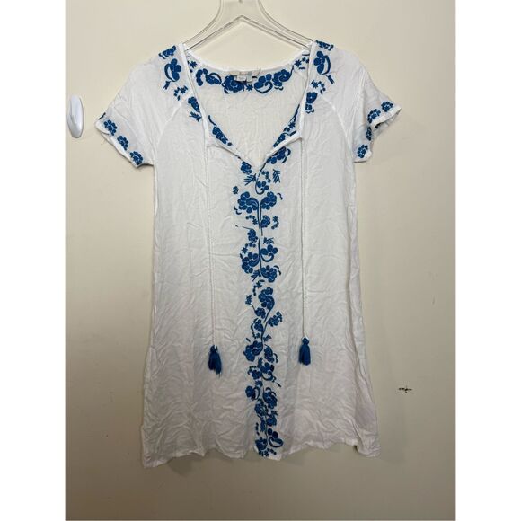 Boden Swim Cover Up Dress Embroidered Blue & White Viscose V Neck Tassel Women 6 - Picture 1 of 4